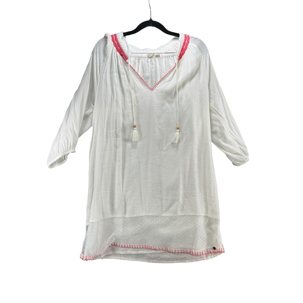 Roxy M White Boho Tunic Top Sheer Lace Mesh Pink Stitch Tassel Beach Cover Up